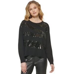 DKNY Women's Crew Neck Sequin Embellished Zig Zag Sweater Black Size Small New